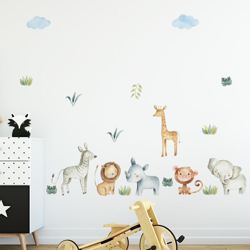 Watercolor Safari Cartoon Animals Jungle Wall Stickers for kids room Baby Nursery Room Decoration PVC wall Decals Living Room